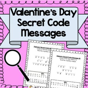 以下が含まれることがあります： 「Valentine's Day Secret Code Messages」のテキストが入った、ピンクと白のバレンタインデーをテーマにしたグラフィック。 拡大鏡と、秘密のコードメッセージとキーが記載されたワークシートが含まれています。 楽しいアクティビティに最適です。