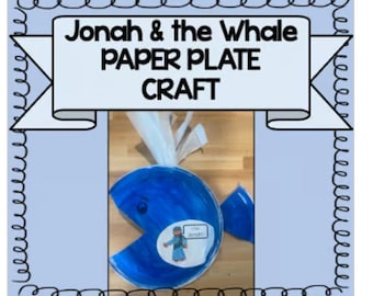 May include: A blue paper plate craft depicting Jonah and the whale. The whale is made from a paper plate with a blue and white paint design. Jonah is a small paper figure inside the whale's mouth.