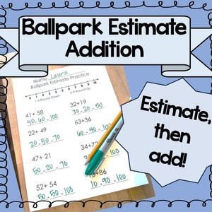 Könnte beinhalten: Ein Arbeitsblatt mit dem Titel "Ballpark Estimate Addition" und einer Zahlenlinie zum Runden von Zahlen. Das Arbeitsblatt enthält mehrere Additionsprobleme mit Anweisungen, die Summe zu schätzen und dann die Zahlen zu addieren. Ein grüner und blauer Textmarker befindet sich auf dem Arbeitsblatt.