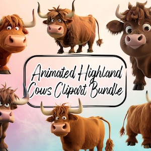 Animated Highland Cows Clipart Bundle | Digital Download | Cute Farm Animals for Crafts, Invitations, and DIY Projects