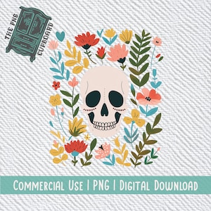 Caveira minimalista e flores PNG | Download digital | Dois tamanhos incluídos para projetos grandes e pequenos