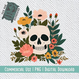 Caveira Minimalista em Flores PNG | Download Digital | Dois Tamanhos Incluídos para Projetos Grandes e Pequenos