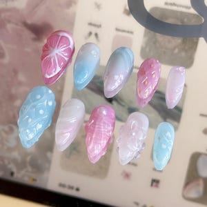 Summer Beach 3D Nails / Medium Almond / Press on Nails / Gel Nails / Hand Painted Nails / Hibiscus / Floral / Fruit / Strawberry /