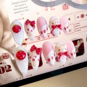Strawberry ShortCake Rilakuma Nails / Medium Almond / Press on Nails / Gel Nails / Hand Painted Nails / Strawberries / Cake / Bear /