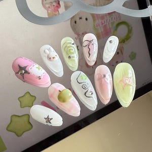 Spring 3D Nails / Medium Almond / Press on Nails / Gel Nails / Hand Painted Nails / Coquette / Miffy / Spiral nails
