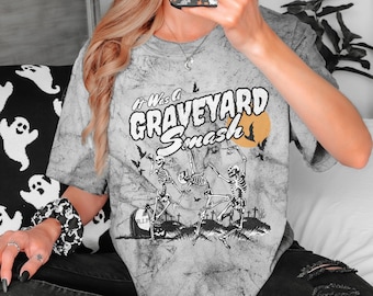 Retro Skeleton Halloween Comfort Colors® Tie Dye Tshirt, Trendy Fall Tee, Spooky Season, Graveyard Smash Shirt, Vintage Style Oversized Tee