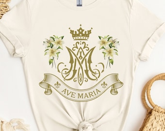 Mary Marian Catholic Tshirt, Virgin Mary Shirt, Catholic Gifts for Women, Catholic Christian Tee, Ave Maria Floral Shirt, Marian Monogram