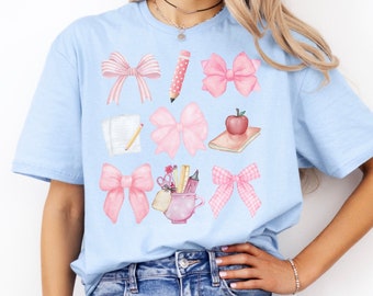 T-shirt met roze strik voor de leerkracht, leuk cadeau voor de leerkracht, bedankje voor de leerkracht, zacht T-shirt in cottagecore-stijl, basisschoolleerkracht, terug naar school.
