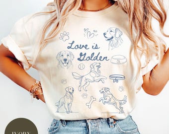 Camiseta Love Is Golden Comfort Colors®, regalo para golden retriever, mamá golden retriever, camiseta para amantes de los perros, la vida es dorada, linda camiseta para perro golden retriever