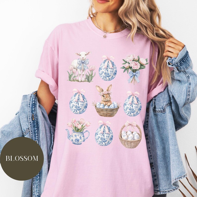 Coquette Toile Easter Comfort Colors® Shirt, Chinoiserie Grand Millenial, Happy Easter, Spring Cottagecore, Easter Bunny, Easter Tee Blossom