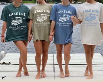 Lake Life Wife Bachelorette Comfort Colors® Shirt, Custom Bride Name, Girl Trip Lake Bach Party, Camping Hiking Mountains, Pontoon Boat