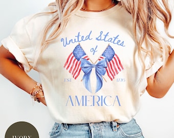 Coquette July 4th Comfort Colors® Shirt, Preppy Fourth of July, USA American Flag Bow Tee, Patriotic Americana, Social Club Independence