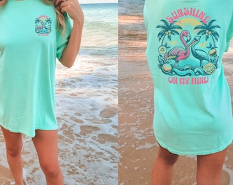 Sunshine On My Mind Beach Comfort Colors® Tshirt, Retro Vintage Style, Beachy Surf Girl Gift, Sunset Palm Flamingo, Oversized Summer Tee