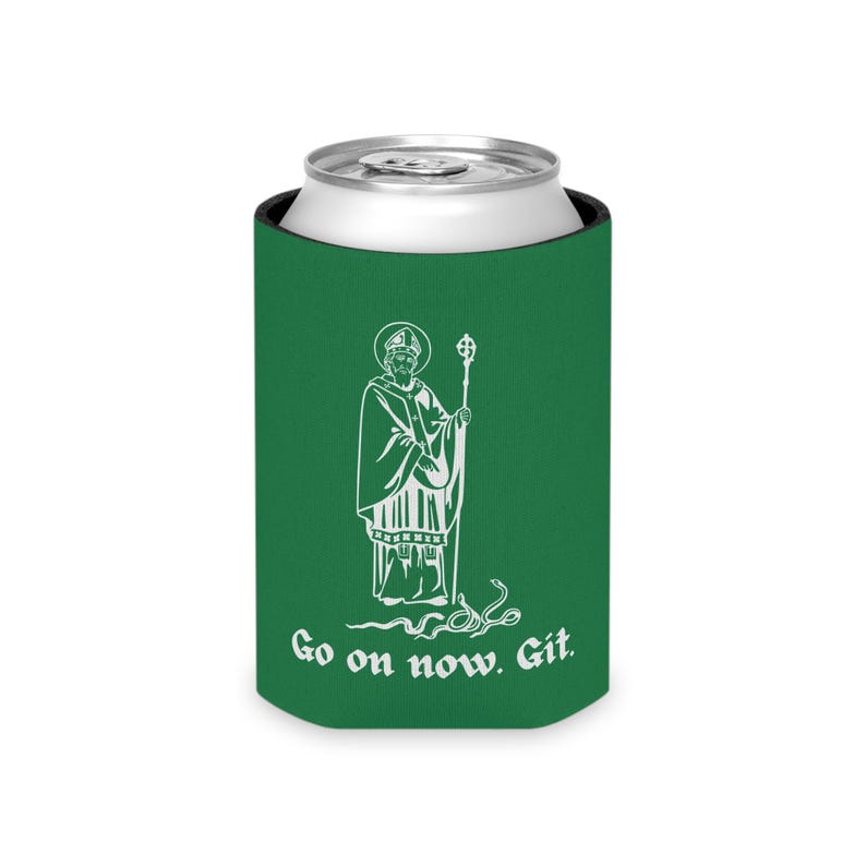 May include: Green can cooler with a white illustration of a man in a robe holding a staff. The text "Go on now. Git." is printed below the illustration.
