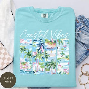May include: A light blue t-shirt with the text "Coastal Vibes" in white lettering. The shirt features a colorful graphic of palm trees, boats, and a beach scene.