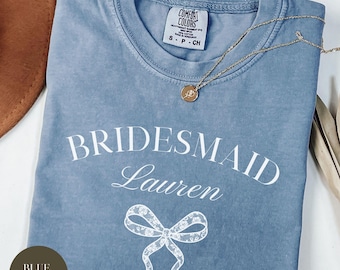 Custom Bridesmaid Comfort Colors® Shirt, Wedding Day Bridal Gift, Bachelorette Party, Matching Team Bride, Coquette Faux Lace Bow