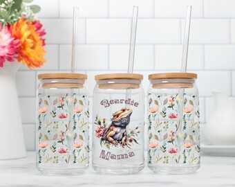 Bearded Dragon Glass Tumbler with Lid, Western Floral Beardie, Bearded Dragon Owner Gift, Beardie Mom, Crazy Dragon Lady Iced Coffee Cup