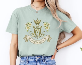 Mary Marian Catholic Comfort Colors® Tshirt, Virgin Mary Shirt, Catholic Gifts for Women, Confirmation Gift, Ave Maria Floral Monogram