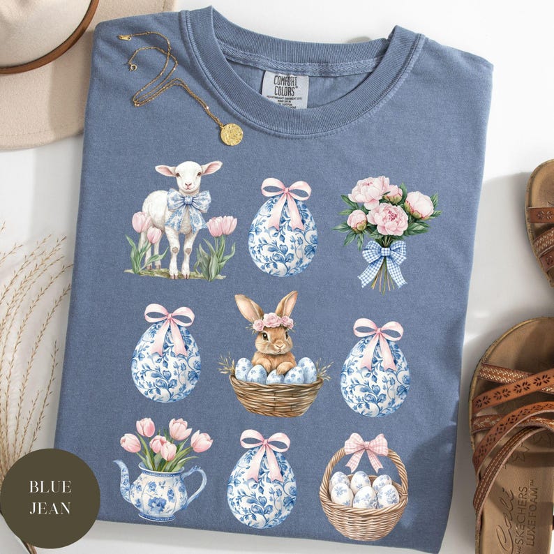 Coquette Toile Easter Comfort Colors® Shirt, Chinoiserie Grand Millenial, Happy Easter, Spring Cottagecore, Easter Bunny, Easter Tee Blue Jean