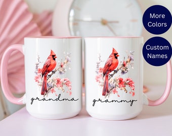 Custom Floral Bird Grandma Mug, Custom Name Mug, Personalized Grammy Birthday Gift, Personalized Gigi Coffee Cup, Bird Watcher Mug, Cardinal