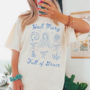 Mary Marian Catholic Comfort Colors® Tshirt, Virgin Mary Rosary Tee, Catholic Gifts for Women, Confirmation Gift, Ave Maria Floral Monogram
