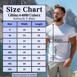 Puede incluir: Tabla de tallas para una camiseta Gildan 64000 Unisex Softstyle. La tabla muestra las medidas de ancho y largo en pulgadas para las tallas S a 5XL.