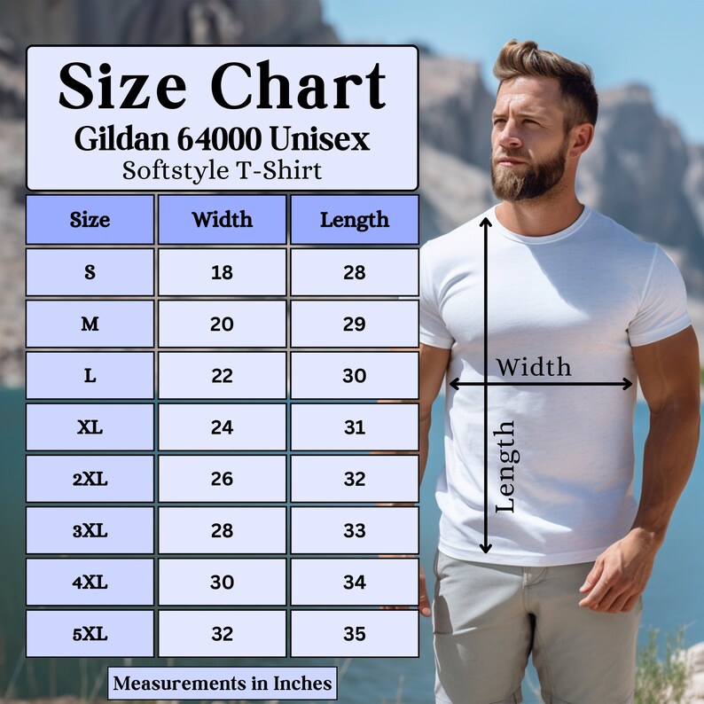 Puede incluir: Tabla de tallas para una camiseta Gildan 64000 Unisex Softstyle. La tabla muestra las medidas de ancho y largo en pulgadas para las tallas S a 5XL.