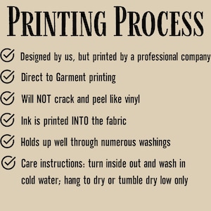 May include: A checklist of printing process details, including the statement "Designed by us, but printed by a professional company." and "Direct to Garment printing".