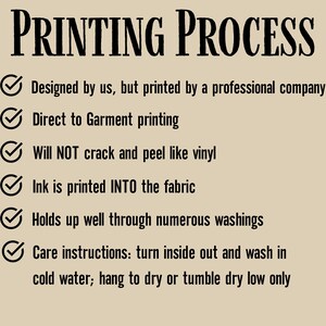 May include: A beige graphic with the words "PRINTING PROCESS" in a bold, black font. Below, bullet points detail the printing method, including direct-to-garment printing, ink printed into the fabric, and care instructions.