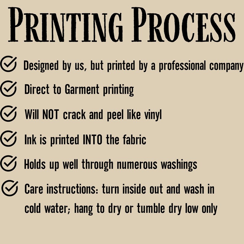 May include: A beige graphic with the words "PRINTING PROCESS" in a bold, black font. Below, bullet points detail the printing method, including direct-to-garment printing, ink printed into the fabric, and care instructions.
