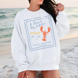 Found Her Lobster Bachelorette-sweatshirt, aangepaste naam, Coastal Beach Bach Party Tees, Caught Up In Love, Fisherman Nautical Crewneck