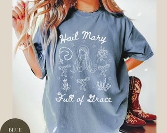 T-shirt Mary Marian Catholic Comfort Colors®, t-shirt chapelet de la Vierge Marie, cadeaux catholiques pour femmes, cadeau de confirmation, monogramme floral Ave Maria