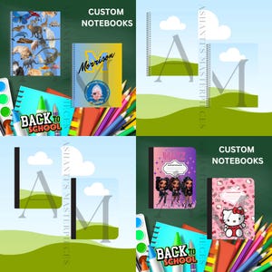 Puede incluir: Un collage de cuadernos personalizados con varios diseños. Un cuaderno presenta ilustraciones de animales en una cubierta azul. Otro tiene un nombre y logotipo personalizados. Otros cuadernos tienen diseños de Bratz y Hello Kitty. La frase "Custom Notebooks" es visible.