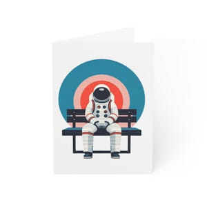 Grußkarten, Astronaut auf einer Parkbank. Boho Colors Space Traveller Geschenk, Weltraumkarten, kosmisches Briefpapier, einzigartige handgemachte Karten, himmlisch