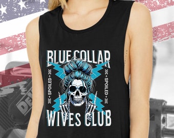 Blue Collar Wives Club Tank: Messy Bun Skull Graphic Tee