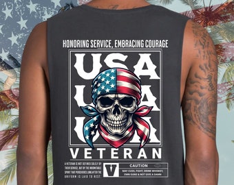Veteran Skull Muscle Tank: American Flag Bandana, Patriotic Gift