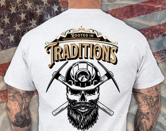 Rock Solid Miner T-Shirt: Skull & Pickaxe, Blue Collar Gift