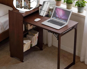 Multifunctional Bamboo Folding Writing Desk, Pull-Out Computer Desk, Customizable Desk, Includes Customizable Bookends
