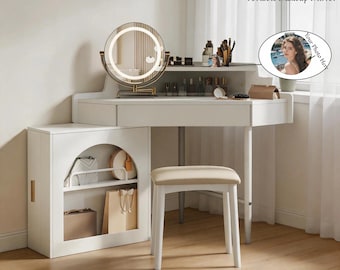 Modern Vanity Set, Complete with Mirror, LED Lights and  Stool, Customizable Corner Vanity, Includes Customizable  Portable Makeup Mirror