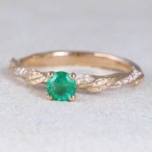 Rose Gold Leaves natural emerald engagement ring, Twig Leaf Ring, Wood Engagement Ring 0.40 ct Emerald, Bark Elvish Ring