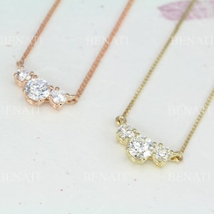 Three Stone Natural Diamond 0.70 CT Necklace, 3 Stone 14k Classic Trio Diamond Gold Necklace, Past Present Future Gift For Her Conflict Free