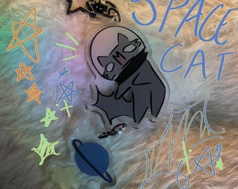 astronaut space cat with planets and stars // 2.5&quot; space cat //1.5&quot; planets and stars// double sided connected clear acrylic keychain charms