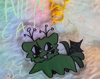 Unique Alien Cat // 2.5 Alien Cat// double sided connected clear acrylic keychain charms