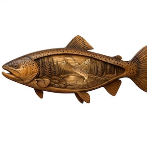 Regnbågsforellfisk 3D-illusion lasergraveringsdesign l Naturinspirerat dubbelexponeringslandskap l Bergssjöscen. CO2, diod, Glowforge