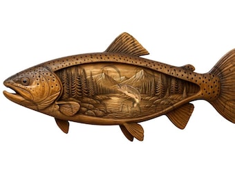 Rainbow Trout Fish 3D Illusion Laser Engraving Design l Nature-Inspired double exposure scenery l Mountain Lake Scene. CO2, Diode, Glowforge