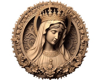 Virgin Mary 3D Illusion Digital Design for Wood Laser Engraving, Compatible with Glowforge and CO2 Lasers, High-Resolution Religious Art.
