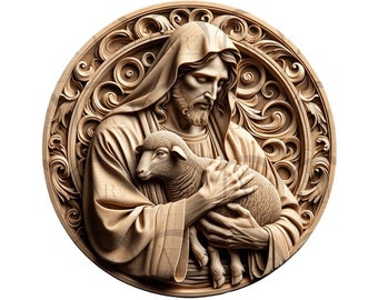 Shepherd Jesus with Lamb 3D Illusion Laser Engraving Design. Christian Good Shepherd - Catholic Art. Wood & Slate . CO2, Diode, Glowforge