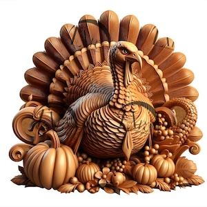 Puede incluir: Una talla de madera de un pavo con un diseño detallado e intrincado. El pavo está rodeado de calabazas y uvas, creando un tema festivo de Acción de Gracias.