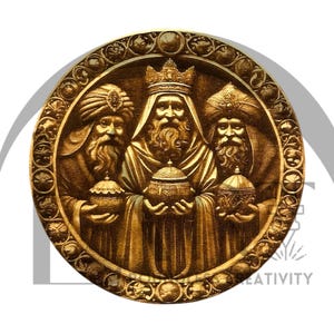 May include: A round, gold-colored plaque with a raised image of the three wise men. The men are wearing robes and crowns, and they are holding gifts. The plaque is decorated with a floral design.