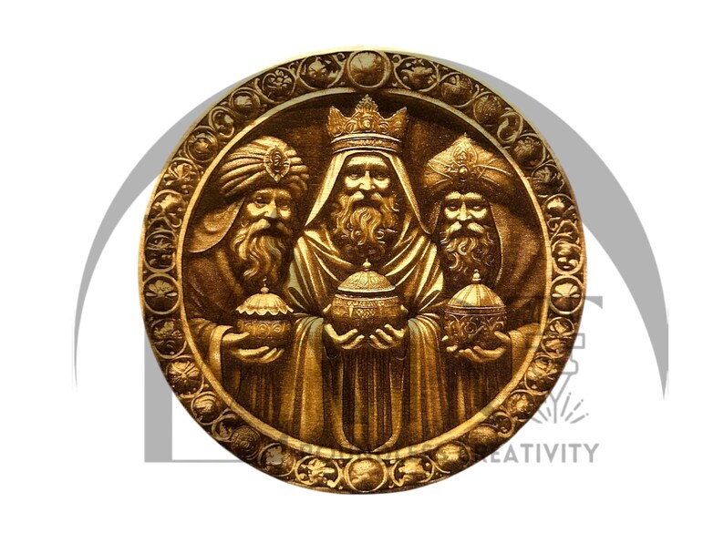 May include: A round, gold-colored plaque with a raised image of the three wise men. The men are wearing robes and crowns, and they are holding gifts. The plaque is decorated with a floral design.